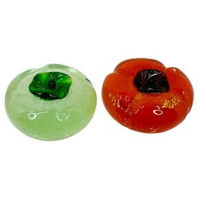 Blown Glass Tomato Decor Set Of 2 Red Green Fruit Paperweight Fall Kitchen Apple